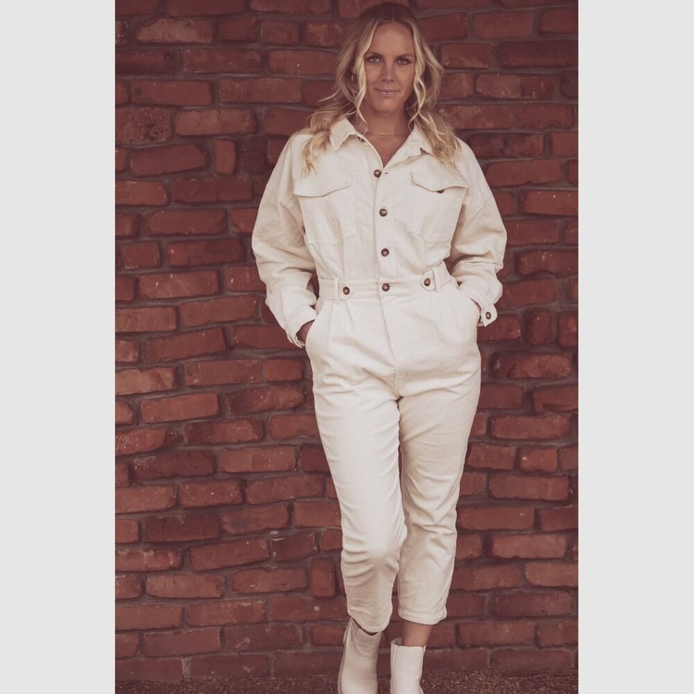 CHELSEA CINCHED WAIST CORDUROY JUMPSUIT - CREAM